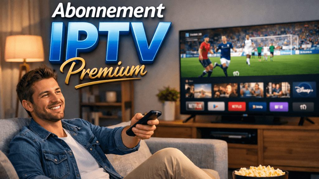 Abonnement IPTV Premium – jeune homme français de 30 ans regardant la télévision avec une télécommande dans un salon moderne